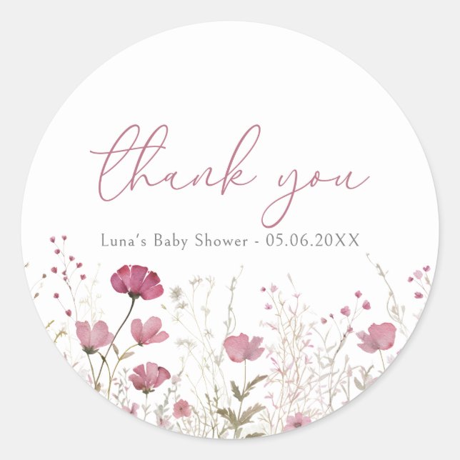 Pegatina Redonda Pink Baby In Bloom Wildflower Shower Favor Sticker (Anverso)