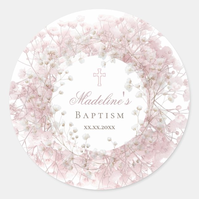 Pegatina Redonda pink baby's breath Baptism (Anverso)