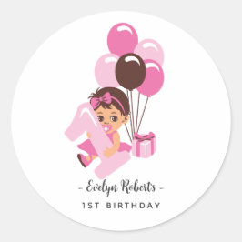 Pegatina Redonda Pink Balloon Baby Girl First Birthday