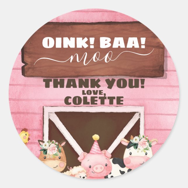 Pegatina Redonda Pink Barn Oink Baa Moo Farm Animales Cumpleaños (Anverso)