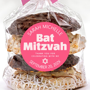 Pegatina Redonda Pink Bat Mitzvah Audaz Typografía Guay Retro Groov