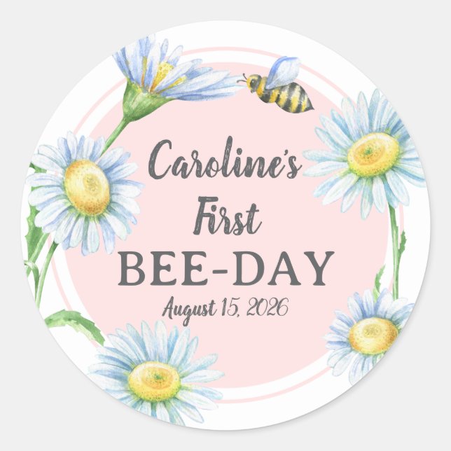 Pegatina Redonda Pink Bee-Day Birthday Stickers with Daisies (Anverso)