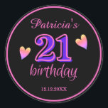 Pegatina Redonda Pink Black Y Purple Heart 21st Birthday<br><div class="desc">Un moderno y moderno cumpleaños 21 favorece a los pegatinas de color rosa negro y morado a personalizar.</div>