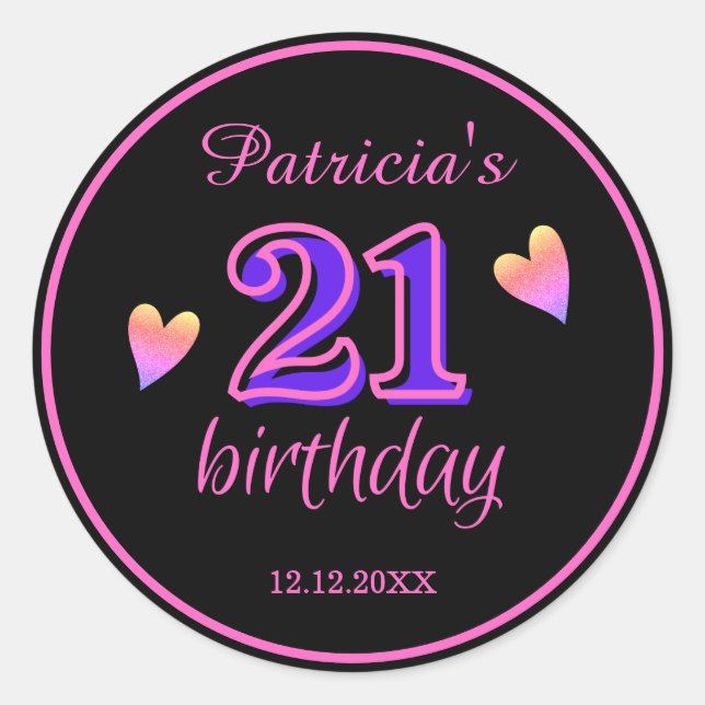 Pegatina Redonda Pink Black Y Purple Heart 21st Birthday (Anverso)