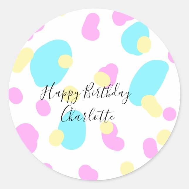 Pegatina Redonda Pink blue yellowhappy birthday kids shapes abstrac (Anverso)
