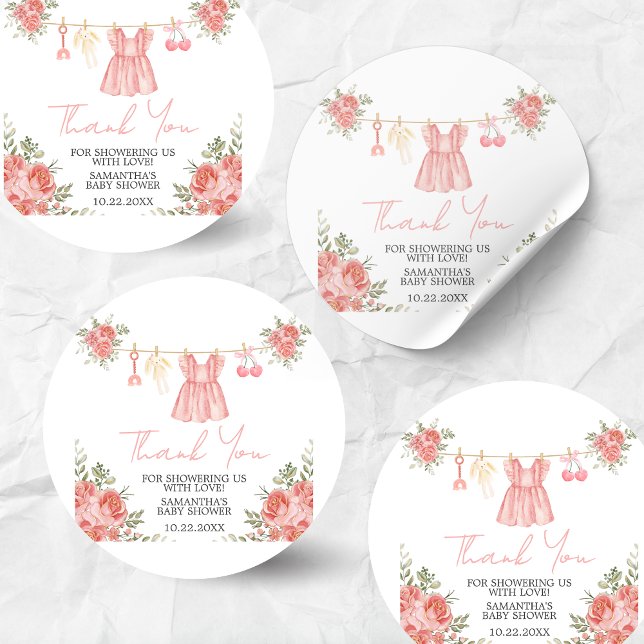 Pegatina Redonda Pink Boho Floral Baby Shower (Sweet Little Girl Boho Floral Clothesline Baby Shower Sticker)