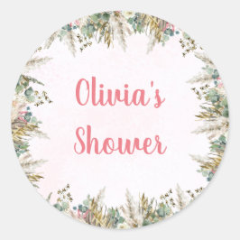 Pegatina Redonda Pink Boho Pampas & Floral Baby Shower Favor