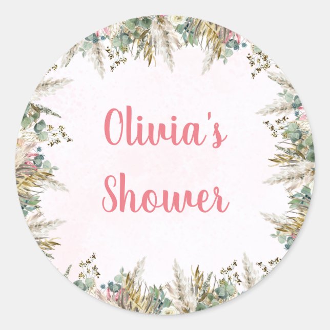 Pegatina Redonda Pink Boho Pampas & Floral Baby Shower Favor (Anverso)