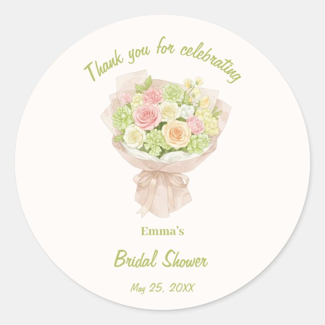 Pegatina Redonda pink bouquet Bridal Shower (Anverso)