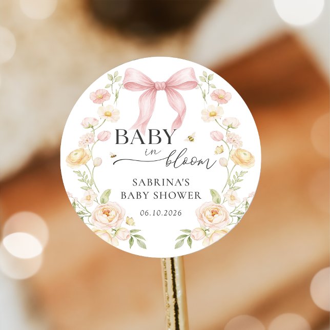 Pegatina Redonda Pink Bow Baby In Bloom Baby Shower Sticker (Subido por el creador)