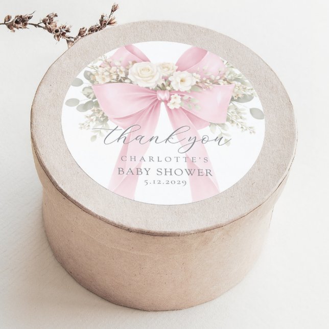 Pegatina Redonda Pink Bow Baby Shower floral Thank you (Subido por el creador)