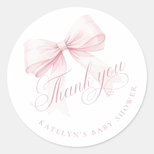 Pegatina Redonda Pink Bow Baby Shower Thank You (Anverso)