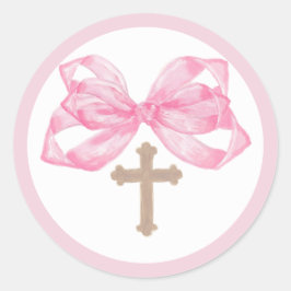 Pegatina Redonda Pink Bow Baptism Envelope Seal Sticker Cross Round