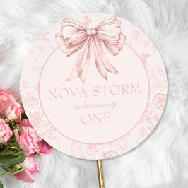 Pegatina Redonda Pink Bow Birday Party Whimsy Toile Personalizado