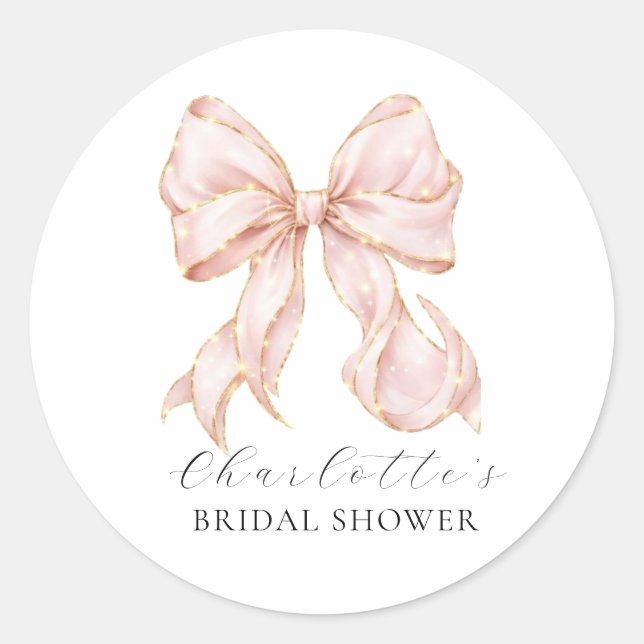 Pegatina Redonda Pink Bow Bridal Shower (Anverso)