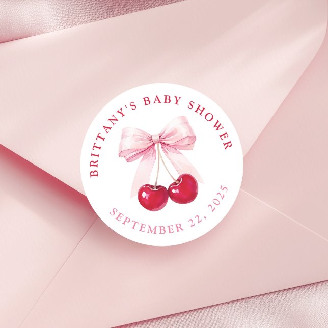 Pegatina Redonda Pink Bow Cherry Baby Shower Round Stickers (Subido por el creador)