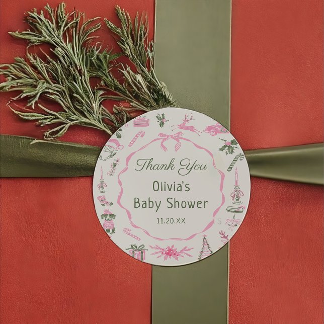 Pegatina Redonda Pink Bow Christmas Baby Shower Sticker (Subido por el creador)