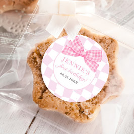 Pegatina Redonda Pink Bow Coquette Primer Fiesta de cumpleaños