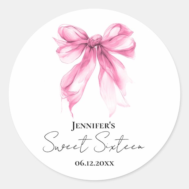 Pegatina Redonda Pink Bow Coquette Script Sweet 16 Party (Anverso)