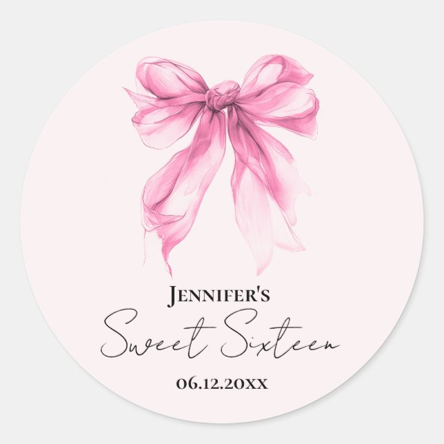 Pegatina Redonda Pink Bow Coquette Script Sweet 16 Party Blush  (Anverso)