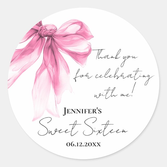 Pegatina Redonda Pink Bow Coquette Script Sweet 16 Thank You (Anverso)
