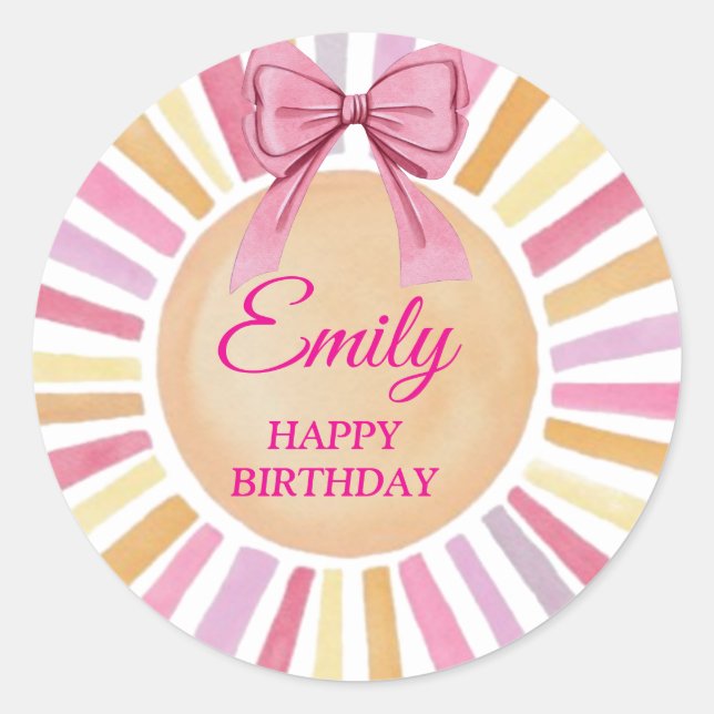 Pegatina Redonda Pink Bow Cumpleaños Party Favor Sun (Anverso)