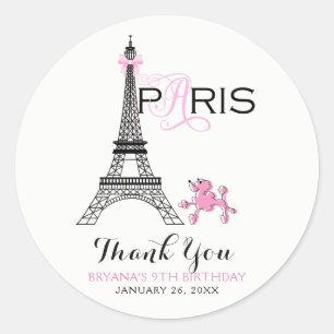 Pegatina Redonda Pink Bow Eiffel Tower Paris Francia Poodle Fiesta