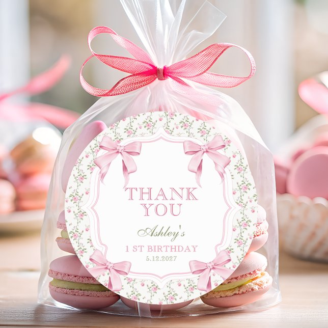 Pegatina Redonda Pink Bow Floral Coquette 1st Birthday Thank You  (Subido por el creador)