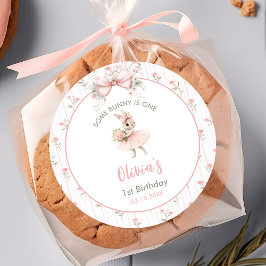 Pegatina Redonda Pink Bow & Floral Some Bunny is One 1st Birthday