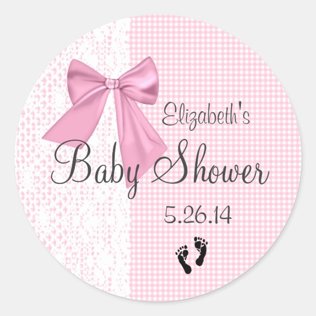 Pegatina Redonda Pink Bow Gingham y Lace Baby Shower Favor (Anverso)