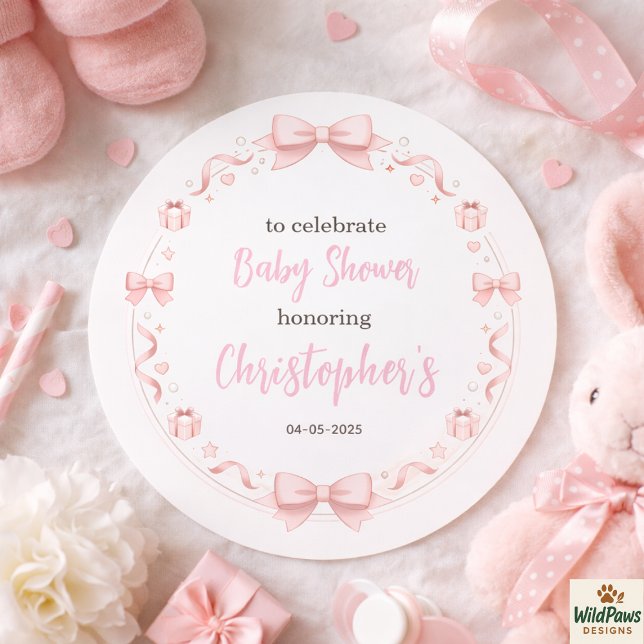 Pegatina Redonda Pink Bow Girl Baby Shower – Cute & Fun Party (Pink Bow Girl Baby Shower – Cute & Fun Party Classic Round Sticker)