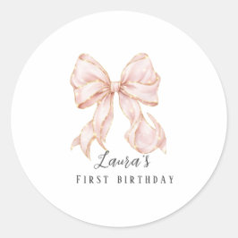 Pegatina Redonda Pink Bow Girl First Birthday Party 