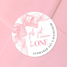 Pegatina Redonda Pink Bow Girls 1st Birthday