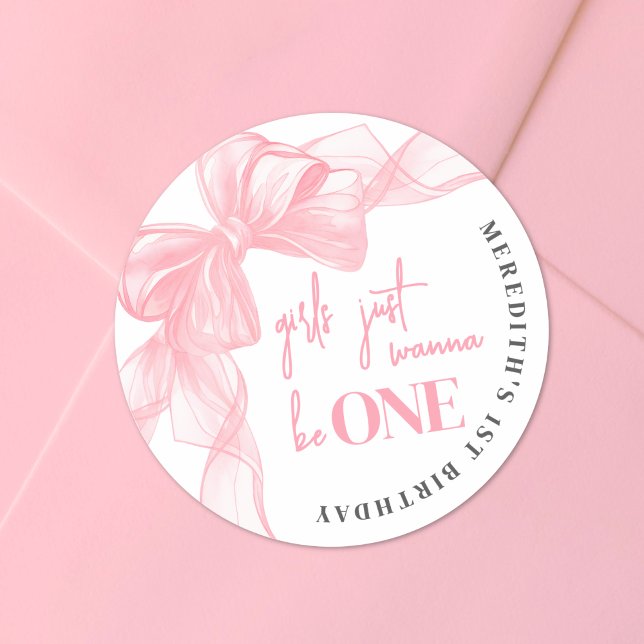Pegatina Redonda Pink Bow Girls 1st Birthday (Pink Bow Girls 1st Birthday Classic Round Sticker )