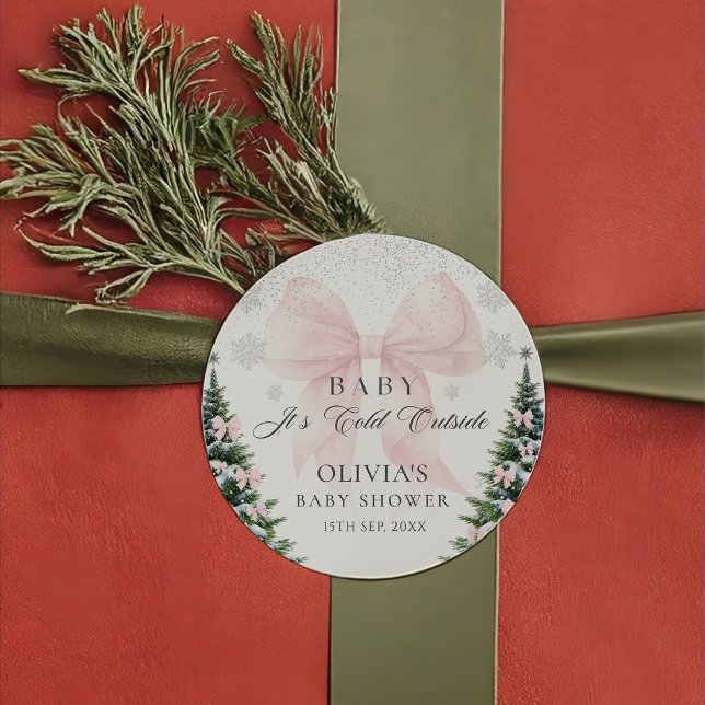 Pegatina Redonda Pink Bow It's Cold Outside Baby Shower Sticker (Subido por el creador)