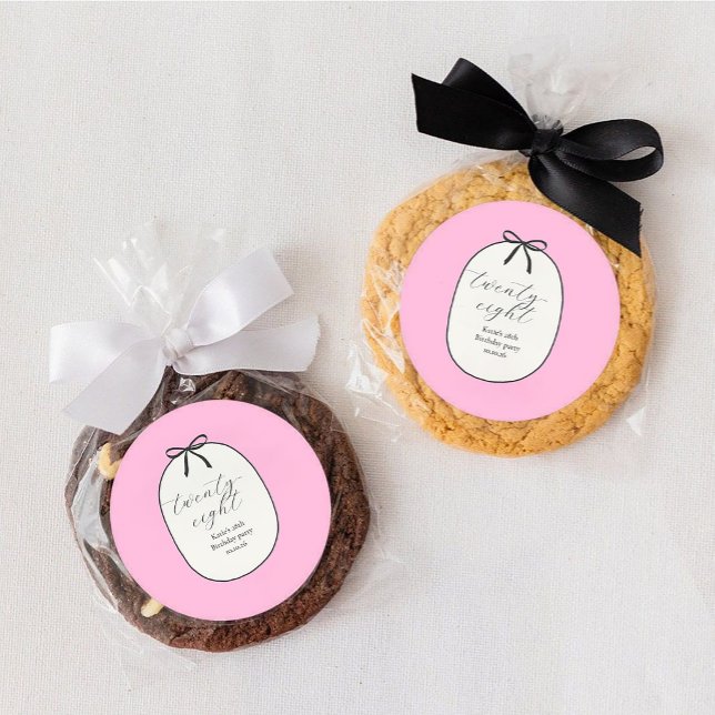 Pegatina Redonda Pink Bow Minimal Elegant 28th Birthday Party (Subido por el creador)