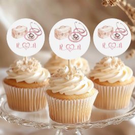 Pegatina Redonda Pink Bow Nurse Hospital Graduación Cupcake Topper