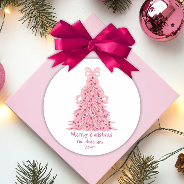 Pegatina Redonda Pink Bow Pink Christmas Tree (Subido por el creador)