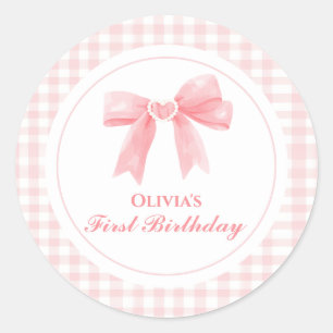 Pegatina Redonda Pink Bow preppy Coquette primer cumpleaños