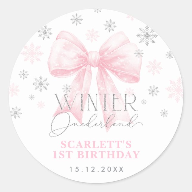 Pegatina Redonda Pink Bow Ribbon Silver Invierno Onederland Cumplea (Anverso)