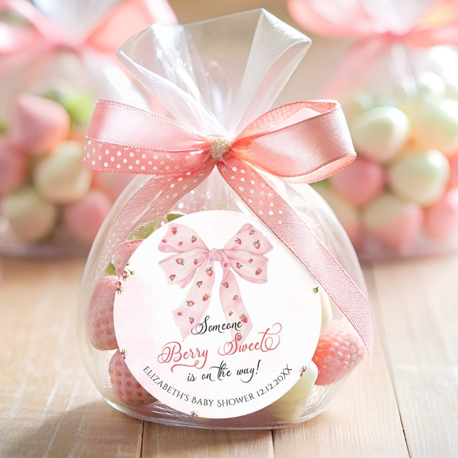 Pegatina Redonda Pink Bow Strawberry Berry Sweet Baby Shower (Subido por el creador)