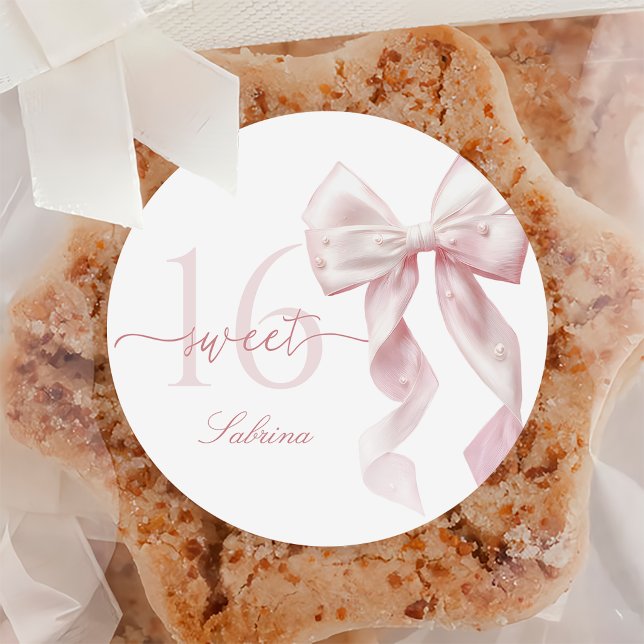 Pegatina Redonda Pink Bow Sweet 16 Birthday Sticker (Subido por el creador)