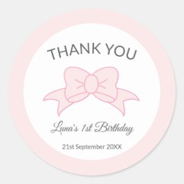 Pegatina Redonda Pink Bow Thank You Girl Kids 1st Birthday 