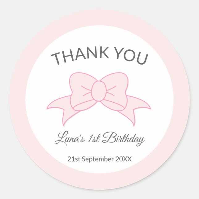 Pegatina Redonda Pink Bow Thank You Girl Kids 1st Birthday  (Anverso)