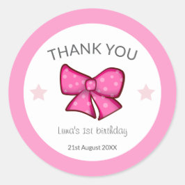 Pegatina Redonda Pink Bow Thank You Girl Kids 1st Birthday 