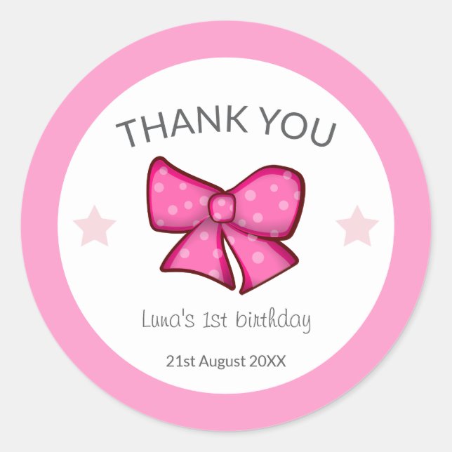 Pegatina Redonda Pink Bow Thank You Girl Kids 1st Birthday  (Anverso)