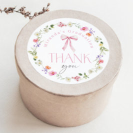 Pegatina Redonda Pink Bow Wildflower Graduation party Thank you