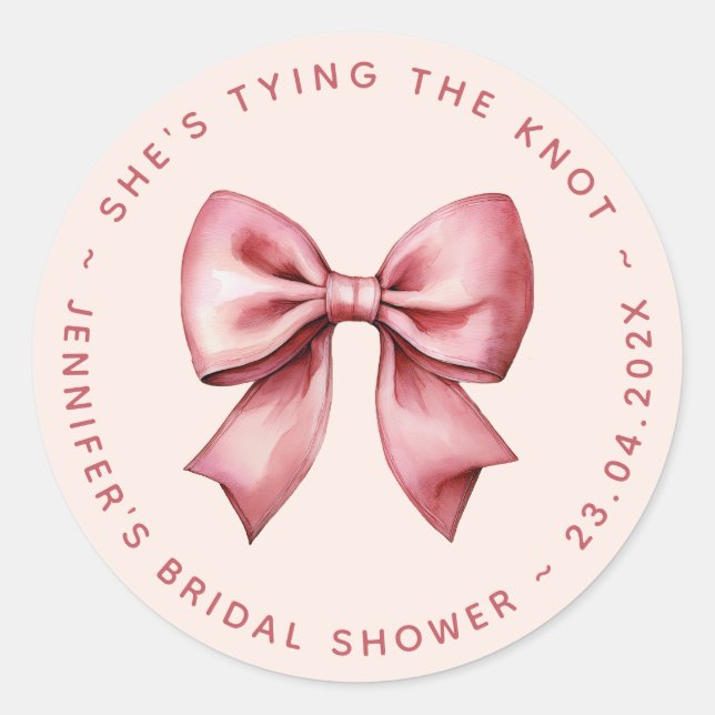 Pegatina Redonda Pink Bridal Shower Red Bow She's Tying the Knot (Anverso)