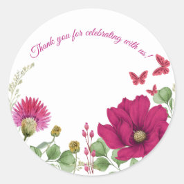 Pegatina Redonda Pink Butterfly & Floral Watercolor Sticker
