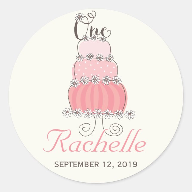 Pegatina Redonda Pink Cake Baby Girl Primer cumpleaños Fiesta etiqu (Anverso)